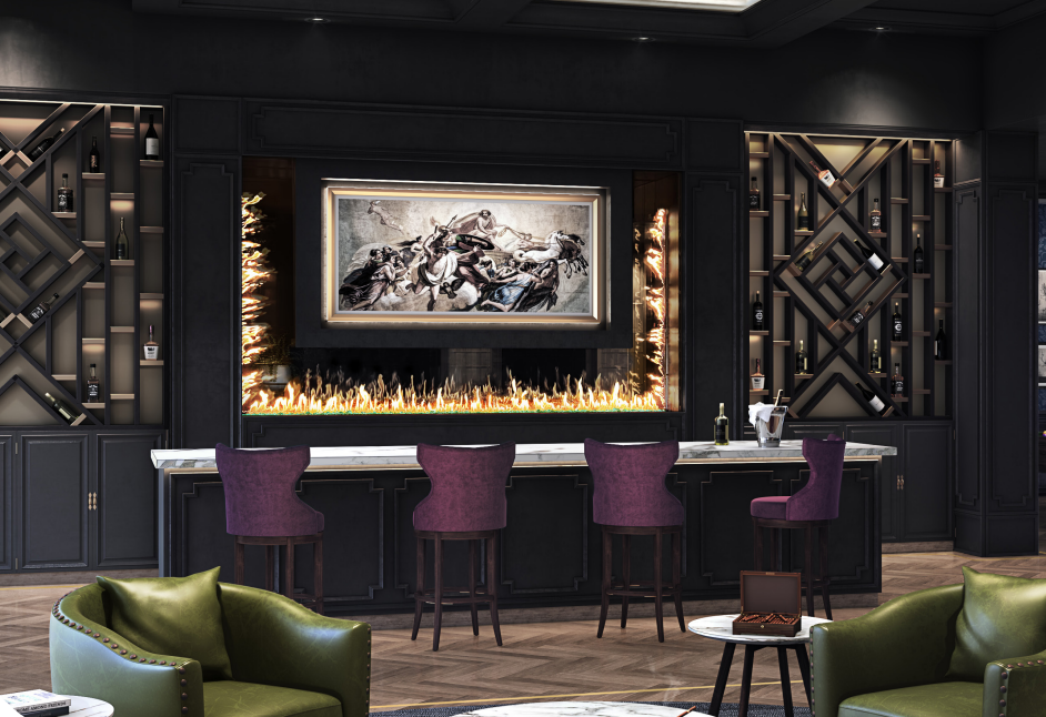 Stellar by Heat & Glo Elegant lounge bar with purple stools, gold accents, framed art, and green armchairs