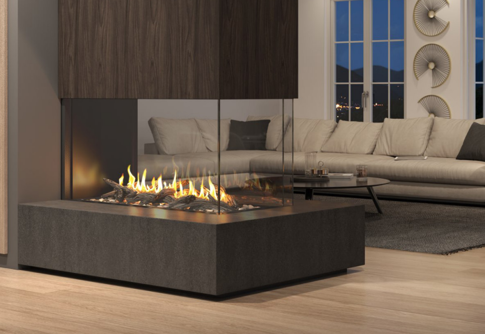 Escape by Heat & Glo Modern living room with a low black fireplace and cream sectional sofa, lit by warm flames