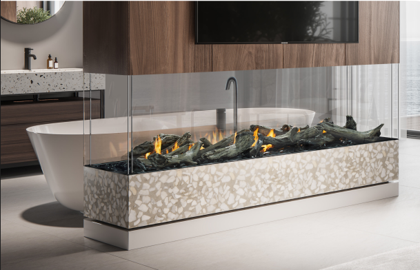 Heat & Glo Primo II Modern bathroom with a glass-enclosed linear fireplace set into a stone base beside a freestanding tub