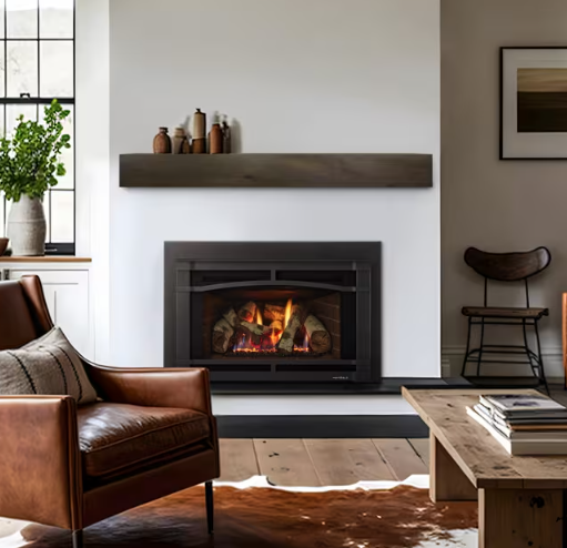 Heat & Glo Supreme Cozy living room with a lit fireplace, leather chair, wood mantel, and large window with plants