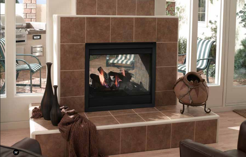 Image Placeholder Living room fireplace with tan tile surround and decorative vases on either side