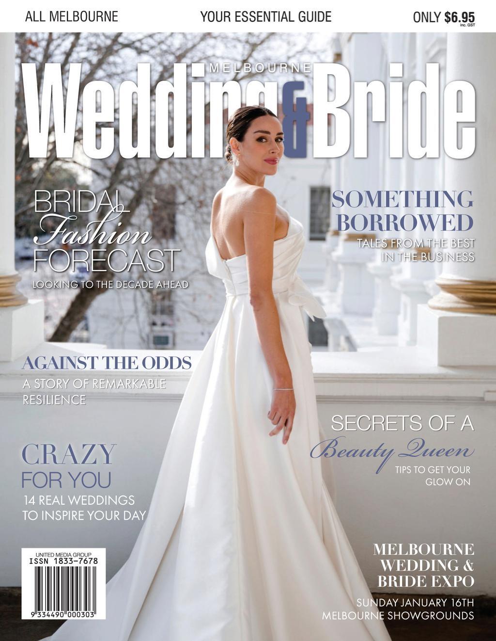 A woman in a wedding dress is on the cover of a wedding bride magazine.