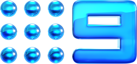 The number 9 is surrounded by blue balls on a white background.