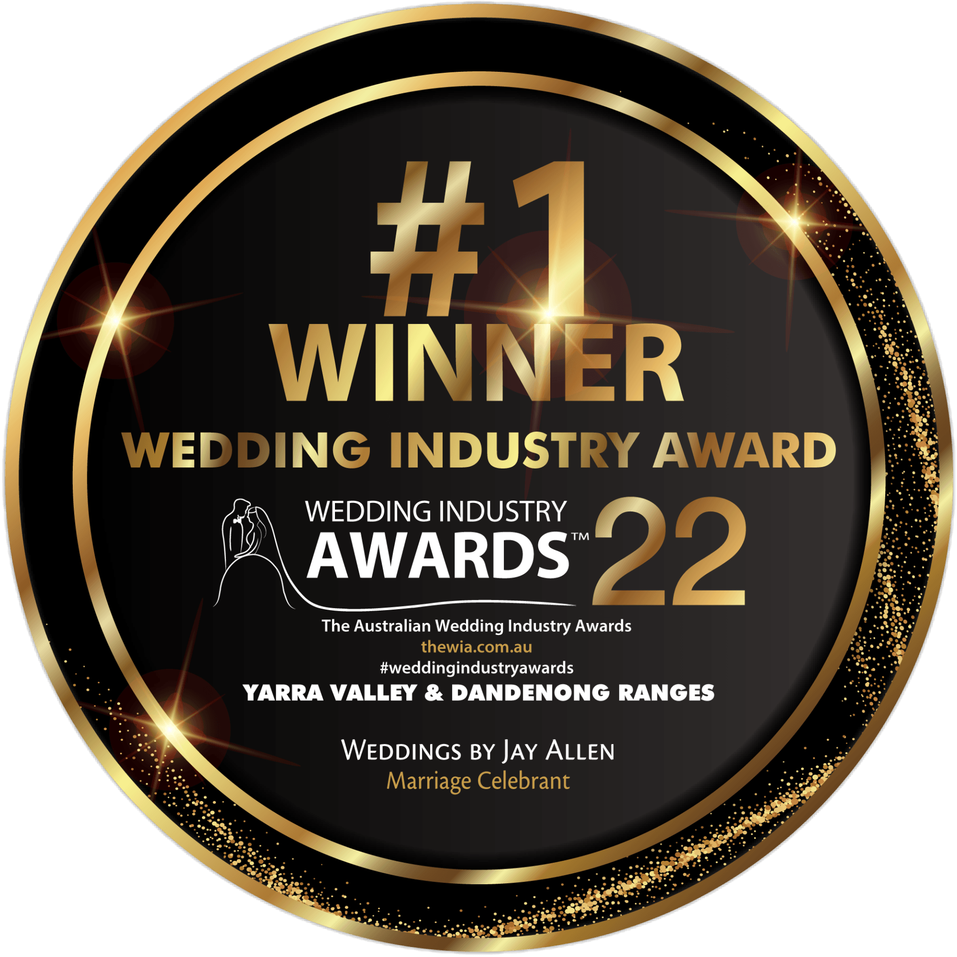 A black and gold badge that says # 1 winner wedding industry award