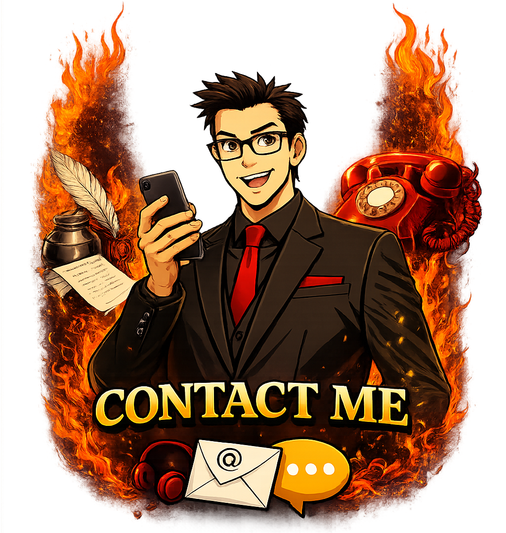 Man in suit holding phone, encircled by flames. 
