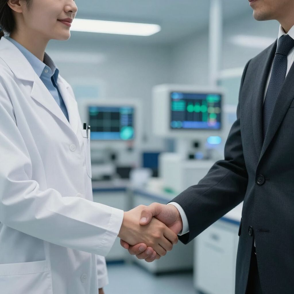 Doctor and businessman shaking hands in a modern hospital corridor.
