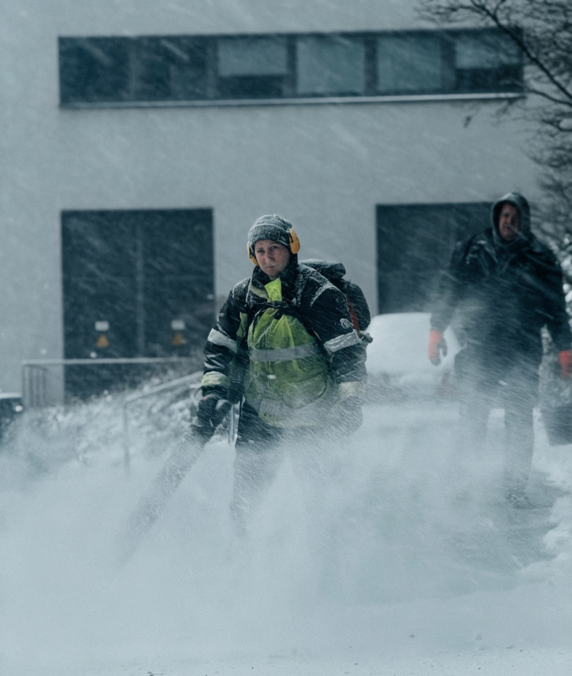 Snowplow crews clearing heavy snow outside a building during a blizzard
