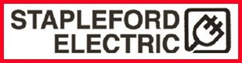 Logo for Stapleford Electric featuring black text and a plug icon inside a rounded square on a red background.