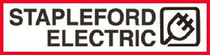 Logo for Stapleford Electric featuring black text and a plug icon inside a rounded square on a red background.