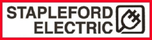 Logo for Stapleford Electric featuring black text and a plug icon inside a rounded square on a red background.