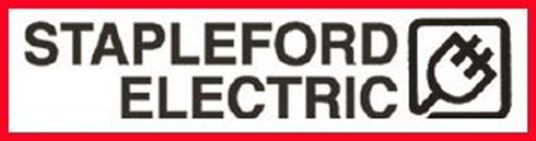 Logo for Stapleford Electric featuring black text and a plug icon inside a rounded square on a red background.