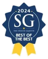 A blue, star-shaped award seal for 2024 with