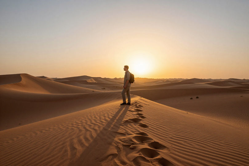 Traveller on desert dune at sunrise