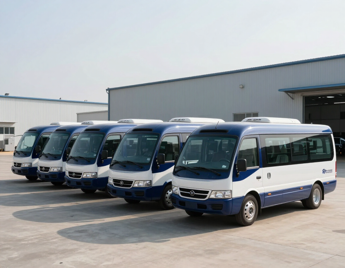 Fila de minibuses blancos estacionados frente a un almacén industrial.