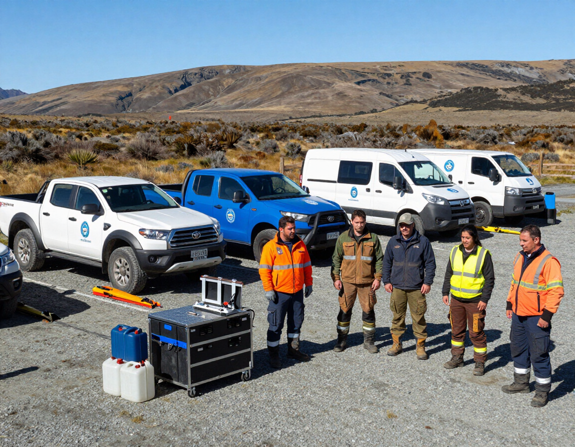 Seis personas con equipo de seguridad permanecen de pie junto a camionetas en un estacionamiento de grava.