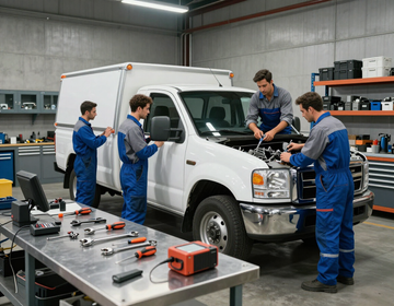 Mecánicos con monos azules reparan una camioneta blanca en un taller mecánico.