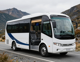 Autobús blanco estacionado en una carretera de montaña con la puerta abierta.