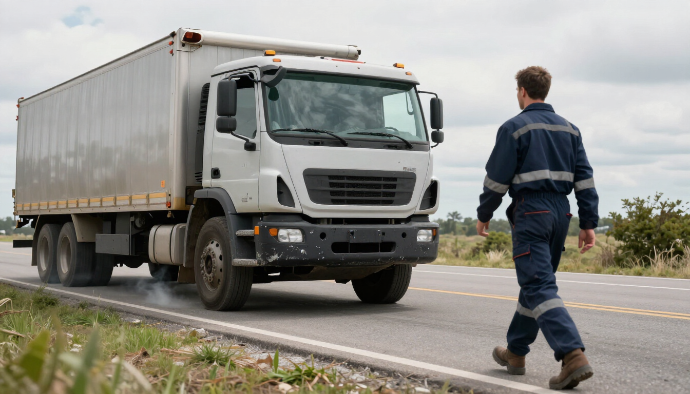 Camión de carga blanco en una carretera mientras un trabajador con uniforme oscuro camina hacia él.