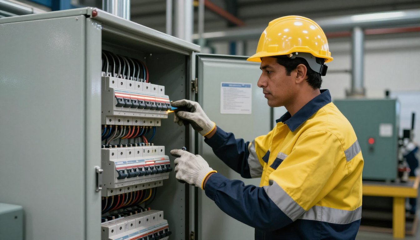 Un trabajador con casco y guantes amarillos inspecciona un panel de control eléctrico en una instalación industrial.
