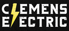 Clemens Electric logo in white text with a yellow lightning bolt on a black background