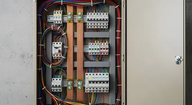 Open electrical panel with circuit breakers, wiring, and a beige cabinet door open on the right.