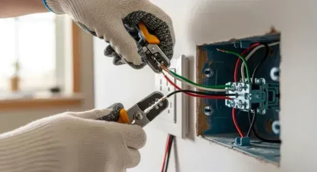 Gloved hands wiring an electrical outlet box with pliers and colorful cables in a wall opening