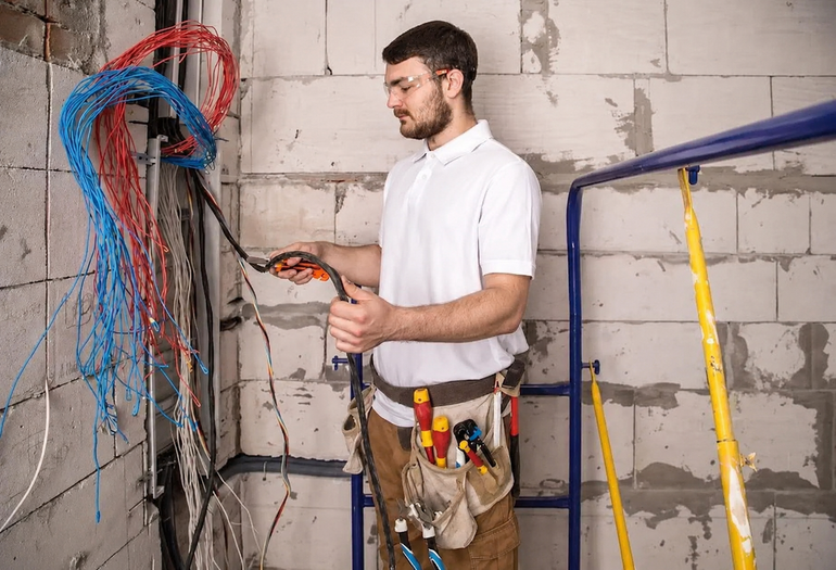 Electrician wiring a wall in a construction site, with blue and red cables and tools on a utility belt