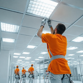 Workers in orange uniforms installing ceiling panels in a bright office interior