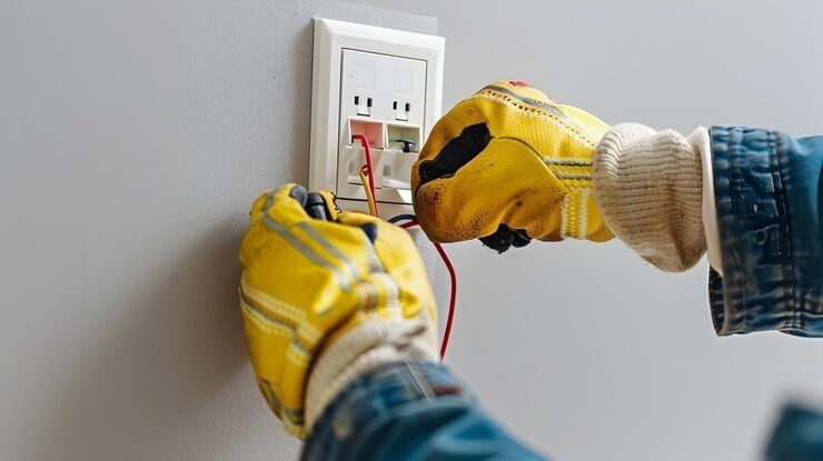 Gloved hands wiring a white wall outlet with red and black cables