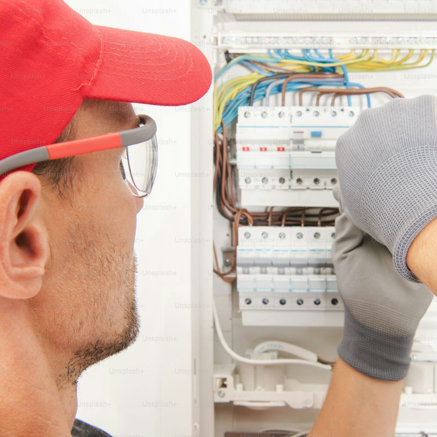 Electrician in red cap and gloves inspecting wiring in an electrical panel.
