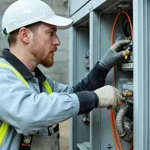 Technician in hard hat inspecting electrical control panel with tools outdoors