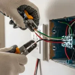 Gloved hands wiring an electrical outlet in a wall junction box