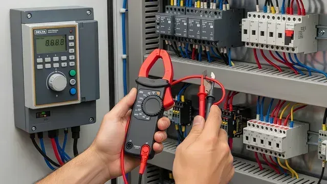 Hands using a multimeter to test electrical wiring in a control panel with switches and circuit breakers.