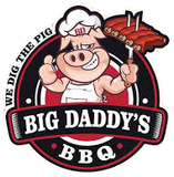 Big Daddy’s BBQ logo with a cartoon pig chef holding ribs and a spatula.
