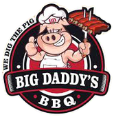 Big Daddy’s BBQ logo with smiling chef and pig mascot holding a BBQ platter and fork