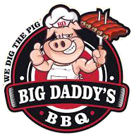 Big Daddy’s BBQ logo with smiling chef and pig mascot holding a BBQ platter and fork