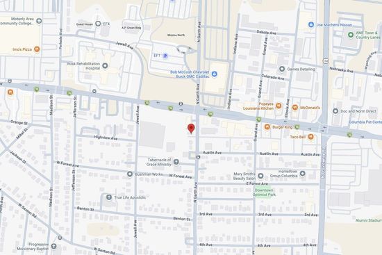 Map showing Big Daddy's BBQ location at 1205 North Garth Avenue, Columbia, MO