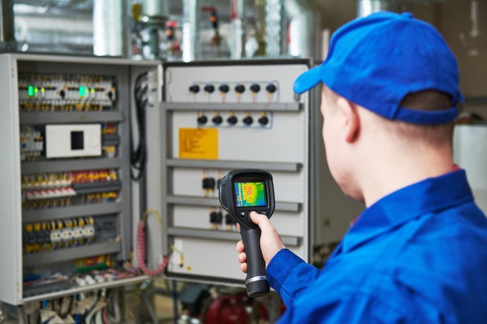 A technician in a blue uniform uses a thermal imaging camera to inspect an open electrical control panel.