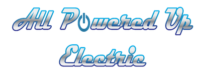"All Powered Up Electric" logo with blue gradient lettering and a power symbol replacing the letter 'o'.