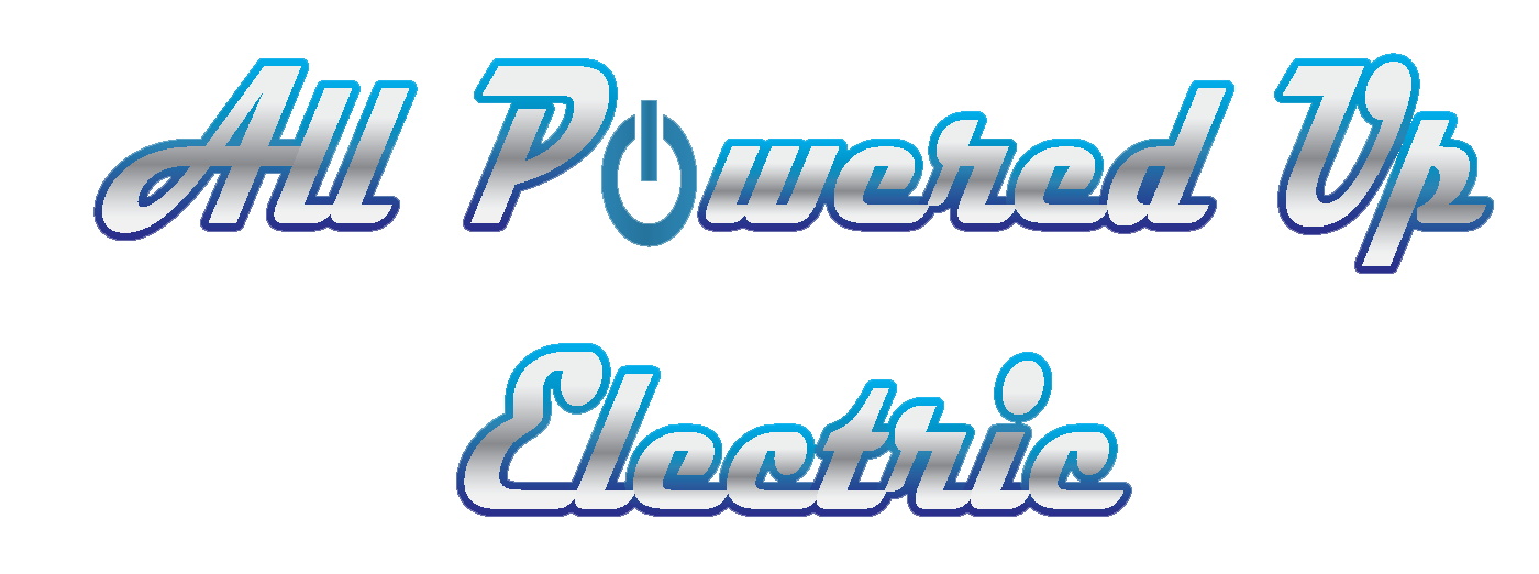 "All Powered Up Electric" logo with blue gradient lettering and a power symbol replacing the letter 'o'.