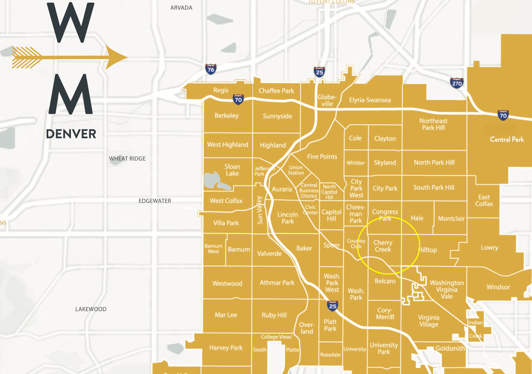 Map of Denver neighborhoods, golden yellow, with a highlighted circle near Cherry Creek.