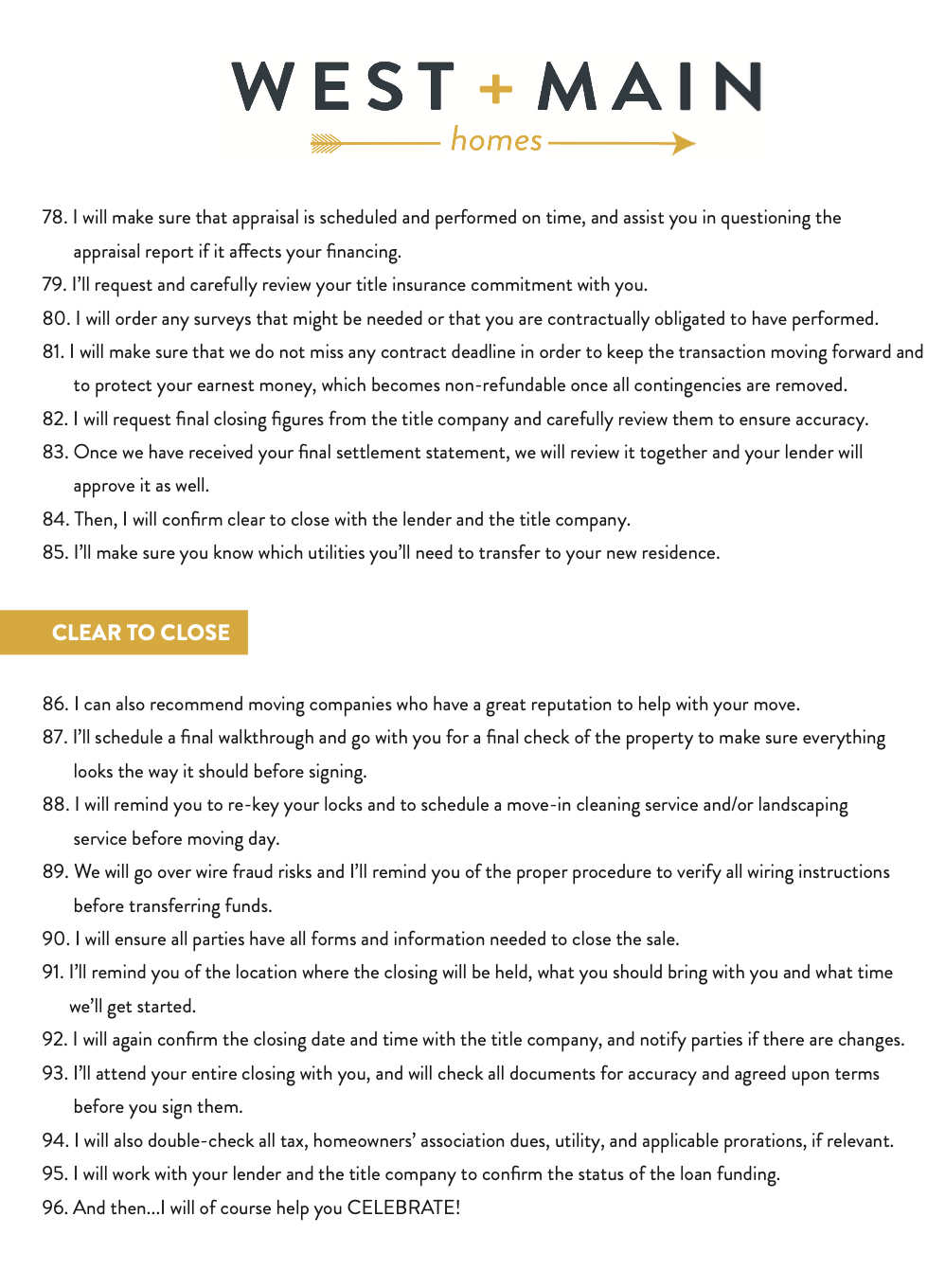 Text list: West + Main homes; client check-list.