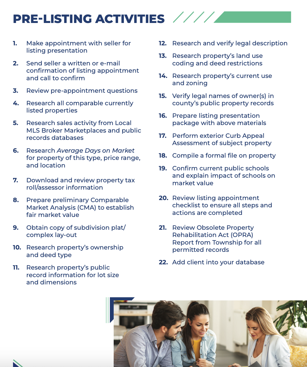 A graphic listing pre-listing activities and a group of people reviewing documents.