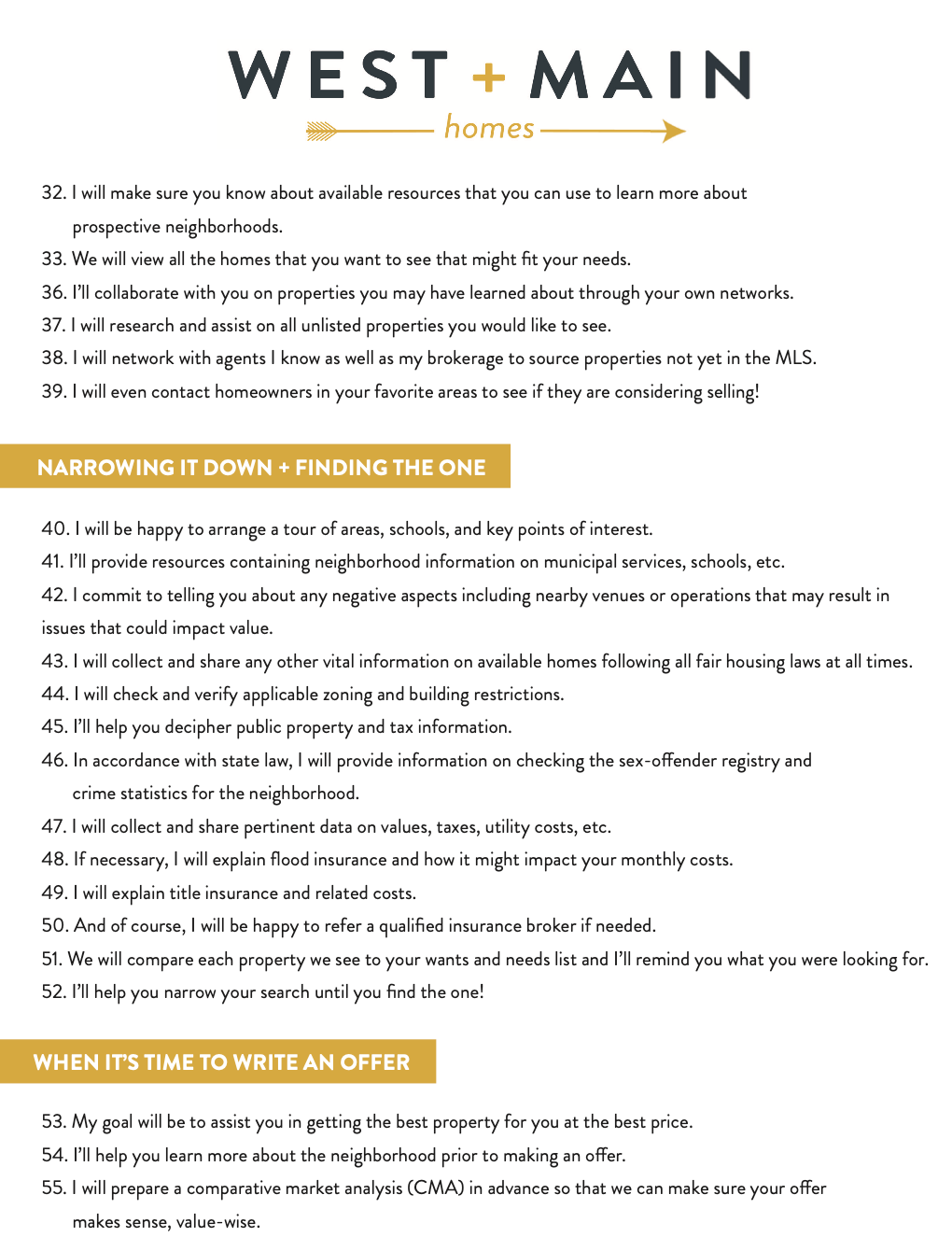 Real estate checklist by West + Main Homes, with sections on narrowing down and writing an offer.