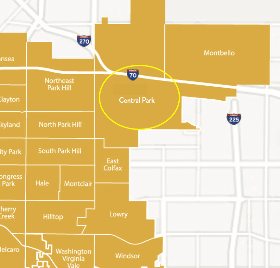 Map highlighting Central Park, Denver, with surrounding neighborhoods and highways.