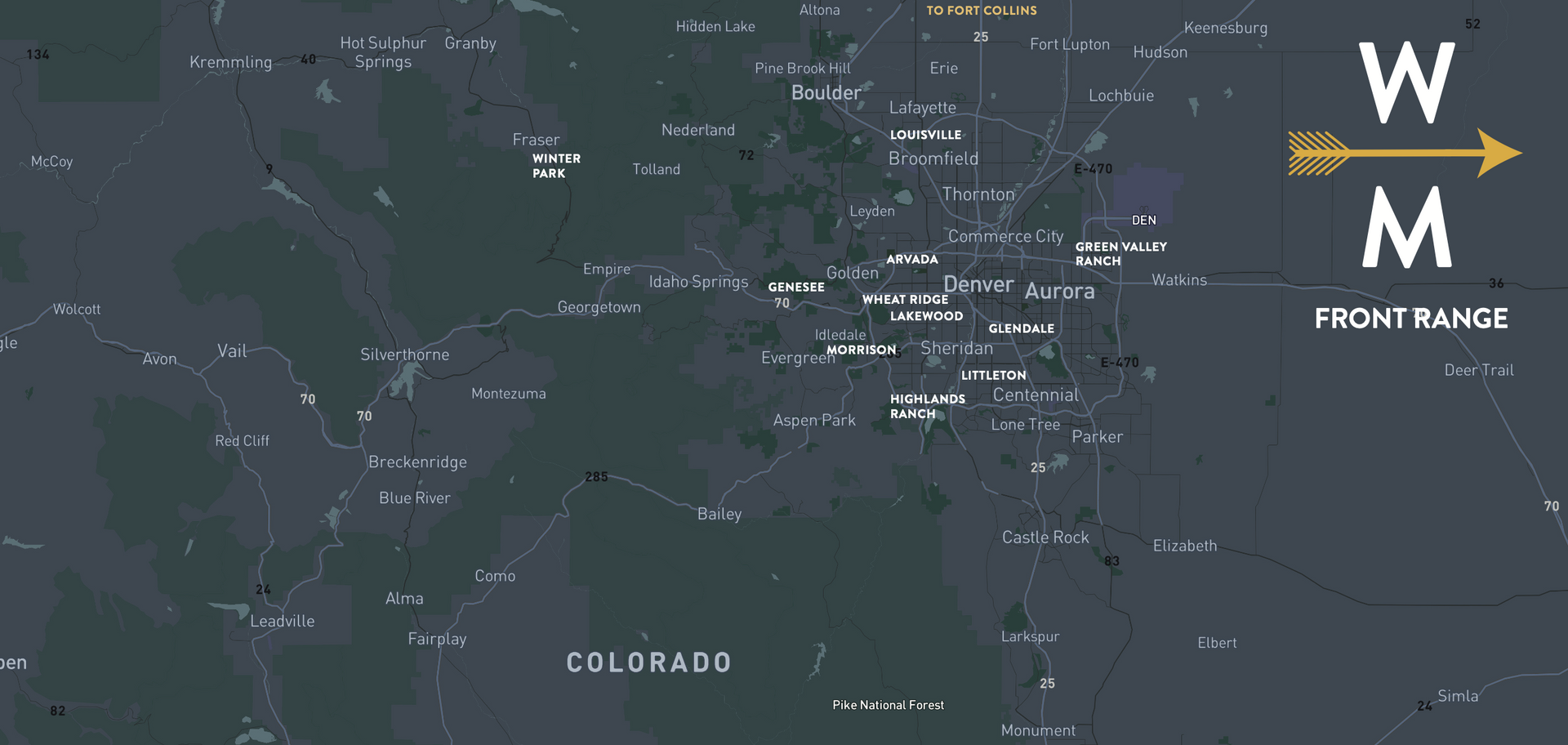 Map of the Front Range, Colorado, with a direction indicator.