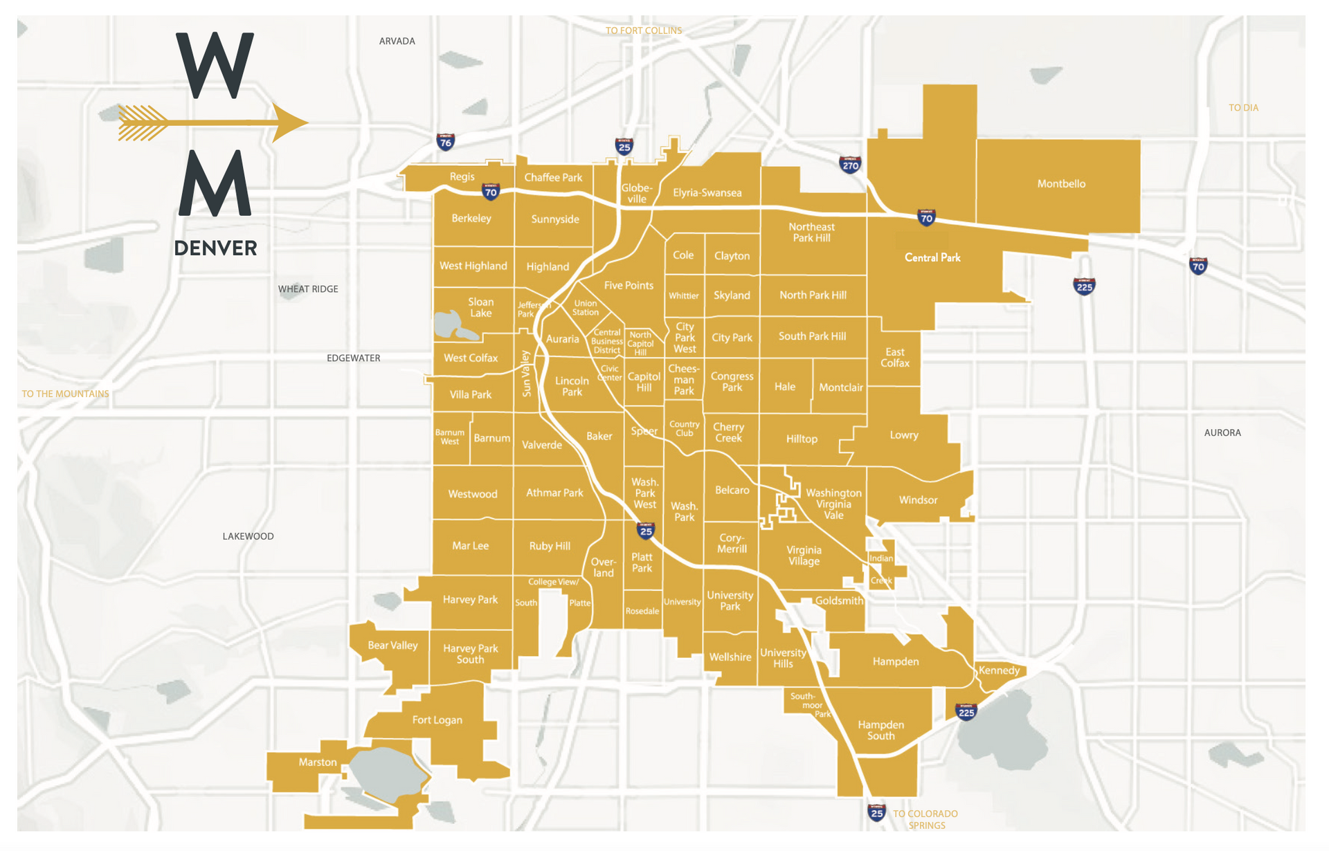 Map of the city in a gold color, with road markings and highway icons, and a directional arrow in the top left.