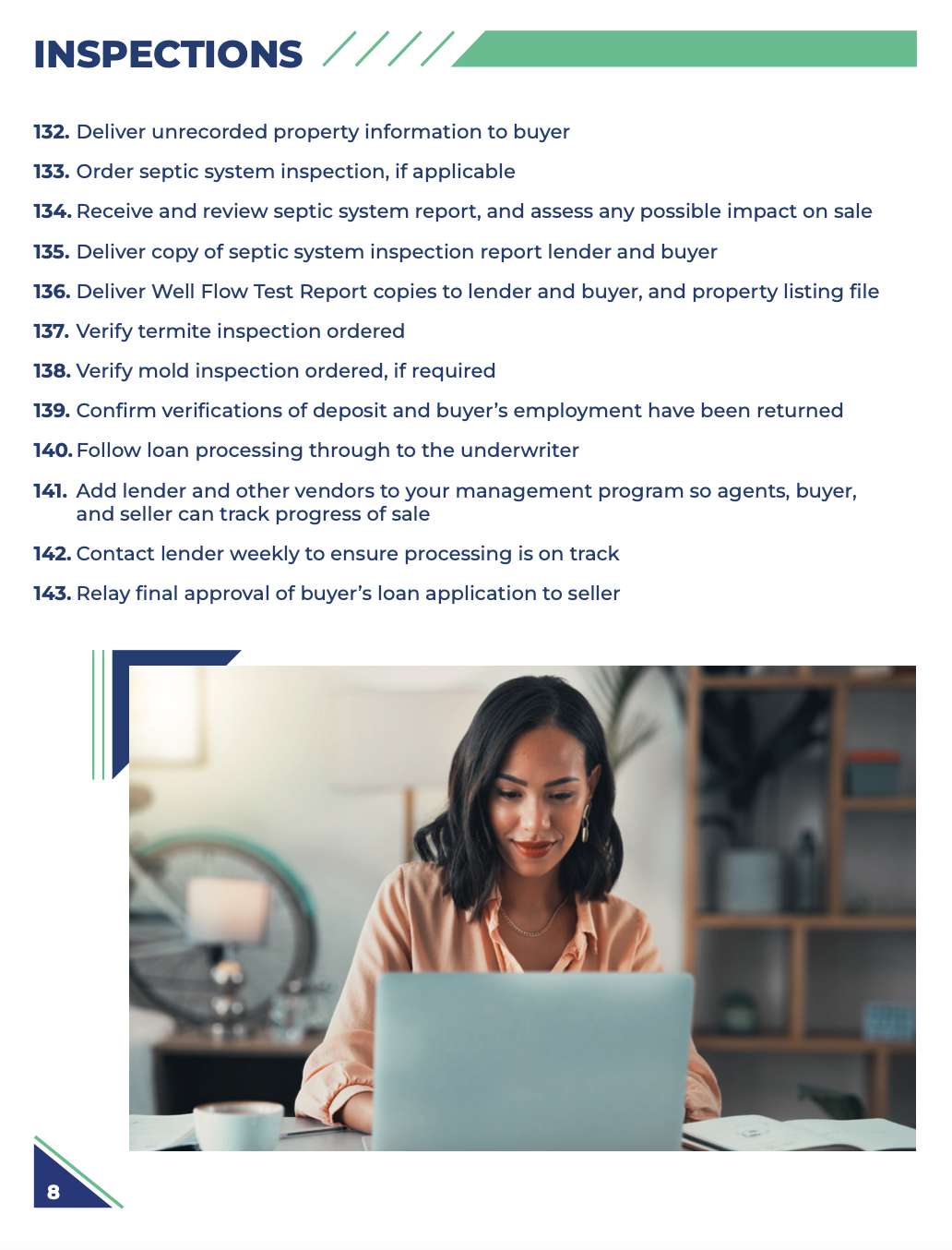 Woman working on laptop; inspections information displayed.
