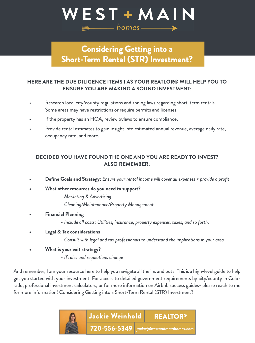 Real estate flyer by Jackie Weinhold, realtor, offering advice about short-term rental investments.
