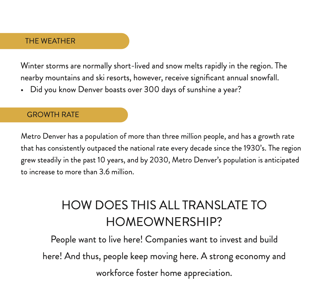 Text about weather, growth rate, and homeownership in Denver, Colorado.